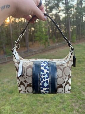 Coach Mini Hobo in Brown with Navy & Cream Leopard Stripe
